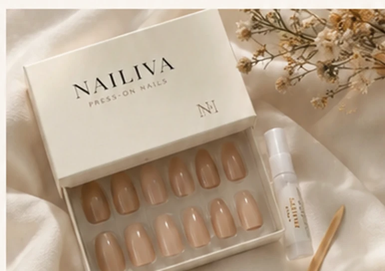 Nailiva press-on nail set and application essentials in a cream editorial flat lay