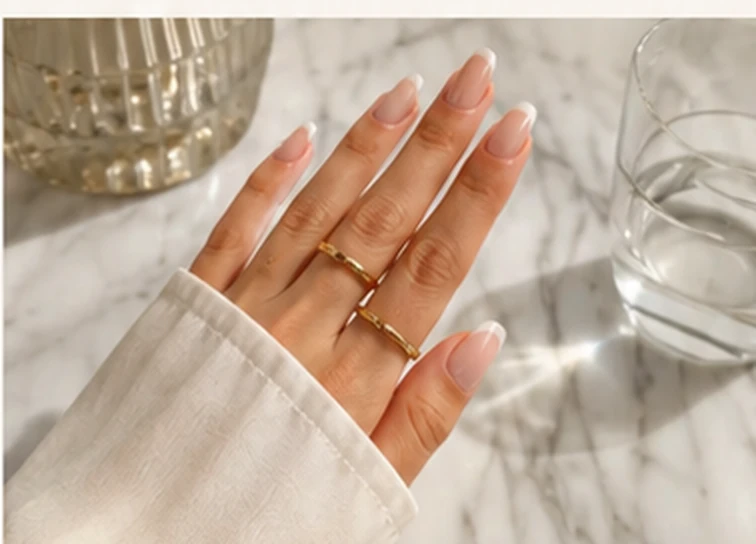 Nailiva nude manicure photographed in a bright editorial setting