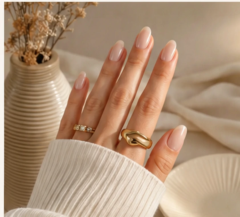 Nailiva nude press-on manicure in an editorial cream setting