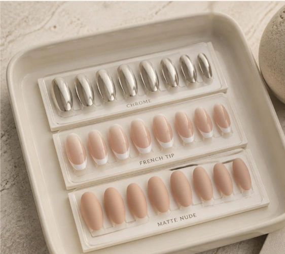 Three Nailiva press-on nail sets in chrome, French tip and matte nude finishes